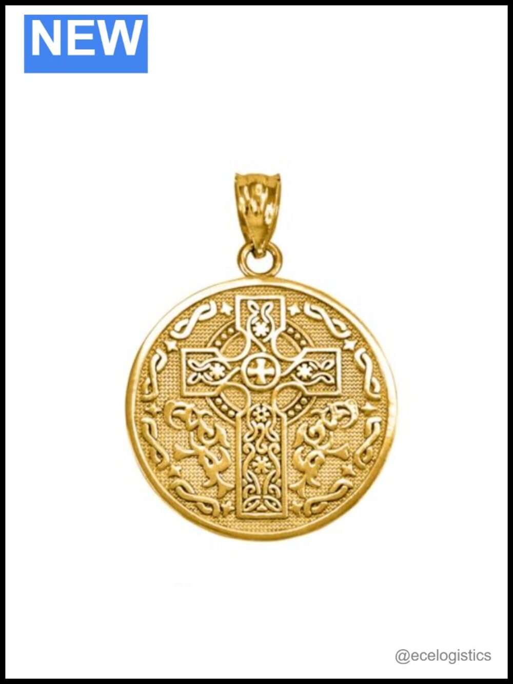 Solid 10Kt Gold Celtic Cross Irish Blessing Textured Coin Medallion Pendant